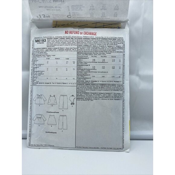 McCalls M6193 Size S M L Jacket Jumper Pant Hat Infant Girl Cut Sewing Pattern - Picture 3 of 6